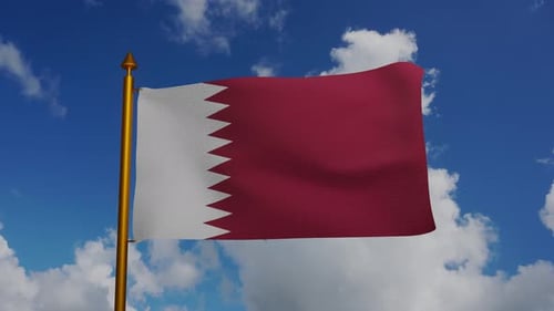 Qatar National Flag Waving in Blue Sky with Clouds