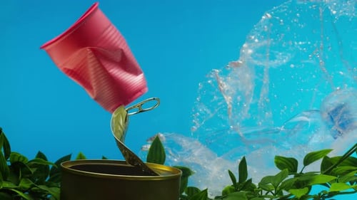 Bouteille en verre en plastique coulant et boîte de conserve en métal avec emballage alimentaire au fond de l'océan
