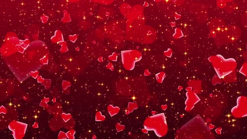 Romantic Red Hearts Falling with Sparkling Gold Dust Background