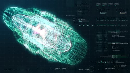 Futuristic HUD Display with 3D Spacecraft Data Analysis