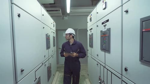 Engineer Inspecting Circuit Boxes Using Tablet