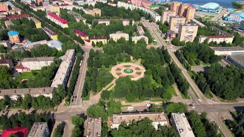 Bird's-eye view of streets of small cozy town. Mood of freedom and tranquility.