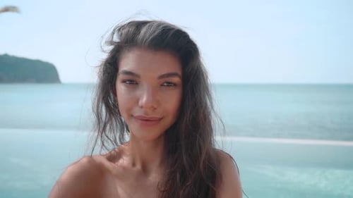 Close Up Portrait of Beautiful Young Woman Smiling and Looking at the Camera on Villa Slow Motion