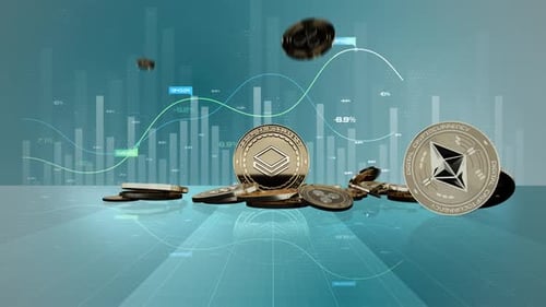 Animated Falling Cryptocurrency Coins with Financial Data