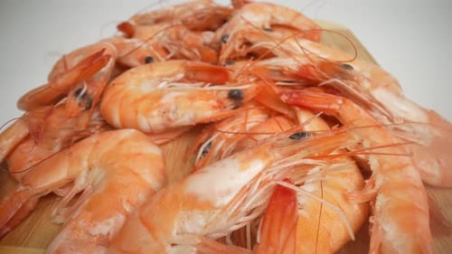 Cooked Shrimp Close Up on Wooden Board