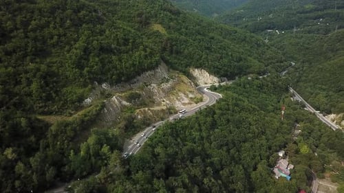 Winding Road From Above of the High Mountain Pass To Sochi, Russia