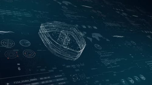 Blaues Sicherheitsschild-Logo mit Head-up-Display und futuristischer Technologie abstraktem Hintergrund