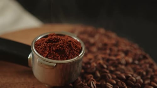 Close Up of Coffee Beans and Ground Coffee