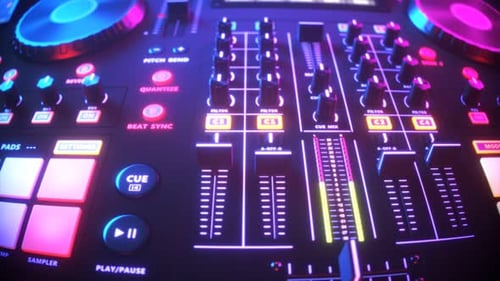 DJ Set in an endless looping animation. Electro music equipment in a club lights