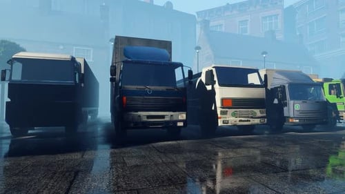 Animated Fleet of Commercial Trucks Driving in Urban Environment