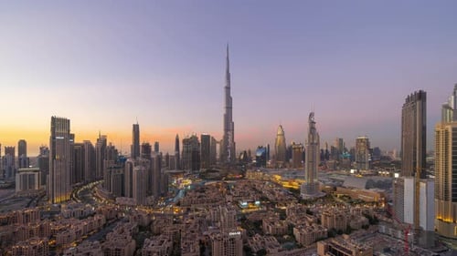 Time lapse of Dubai Downtown skyline, highway roads or street in United Arab Emirates or UAE