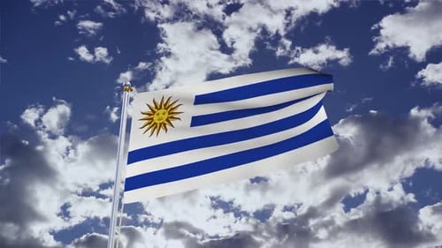 Uruguay National Flag Waving in Cloudy Sky