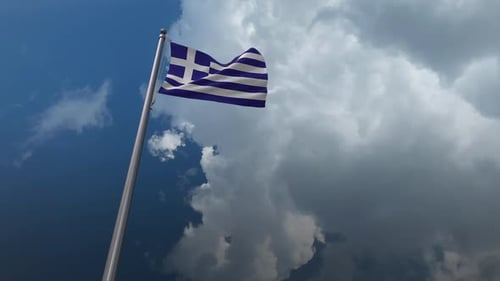 Realistic Greek Flag Waving in Cloudy Sky