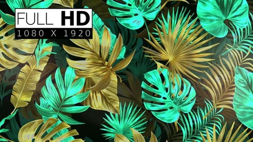 Tropical Jungle Leaves Seamless Loop Background with Gold and Turquoise