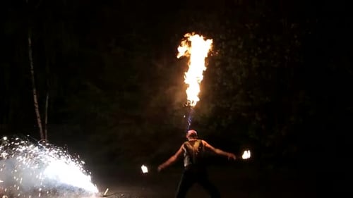 Fire Show Dancing with Flame Male Master Fakir with Fire Works Performance Outdoors
