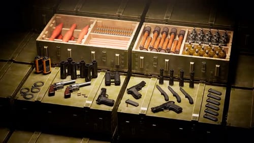 Weapons and military boxes full of ammunition. Army accessories. War equipment.