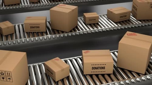 Animated 3D Boxes Moving on Conveyor Belts with Donations