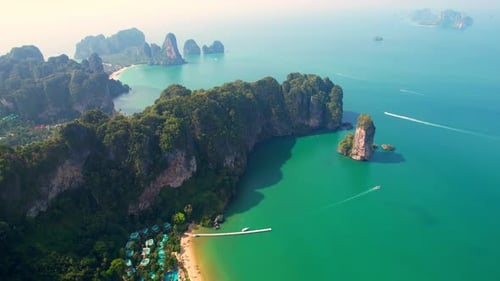 An aerial view of the coast, mountains and many beautiful islands