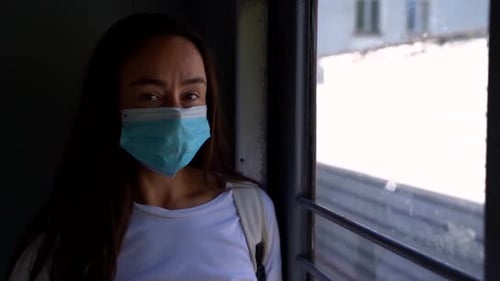 Wear Mask for Protecting From Coronavirus, Woman Passenger in Train, Portrait Shot, Pandemic