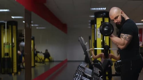 Strong Bodybuilder Looking in Mirror While Exercising With Dumbbells in Gym