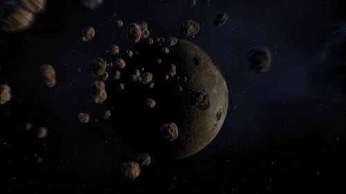 Asteroidengürtel. Der dichte Meteoritenschwarm bewegt sich schnell auf den grauen Mond zu