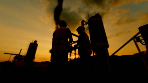 Vented Factory and Engineers at Sunset
