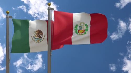 Waving Flags of Mexico and Peru in Blue Sky