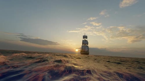 Animated Sailboat Traveling on Ocean at Sunset