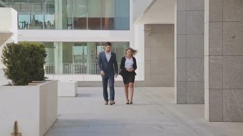 Smiling Young Business Colleagues Walking Outdoor
