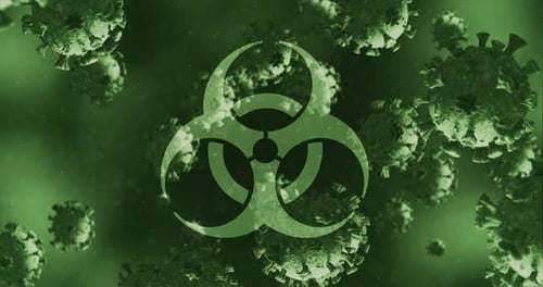 Animation of a health hazard sign over Coronavirus cells floating in a liquid 4k