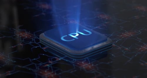 Futuristic CPU Chip with Blue Light Beam on Digital Circuit Board