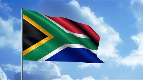 South African Flag Waving Seamlessly in Blue Sky