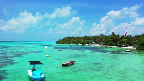 Natural aerial clean view of a sunshine white sandy paradise beach and blue water background in hi r