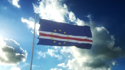 Cape Verde Flag Waving Against a Dynamic Cloudy Sky