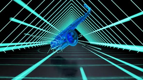 Glowing Saxophone in Abstract Cyberpunk Music Tunnel