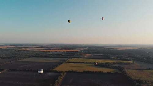 Beautiful balloons fly over the forest, park, city.
