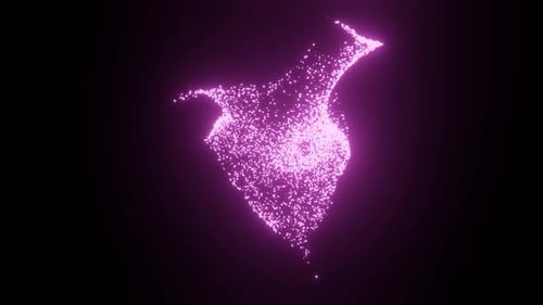 Emergence and spread of purple particles from center. Explosion of elementary
