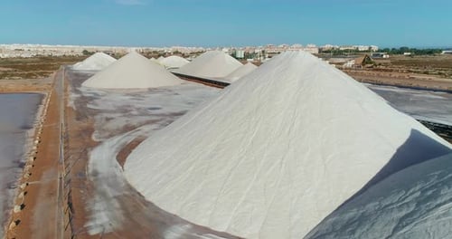 Drone Flies Slow Close to Mountains of Salt in Tourist Spanish City Torrevieja