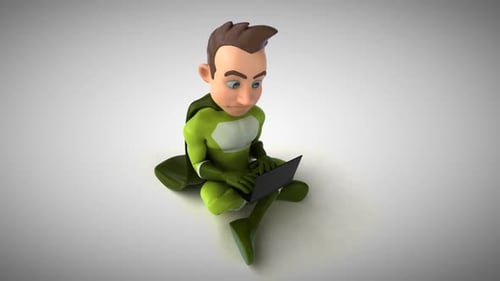 Fun 3D cartoon superhero typing on a laptop