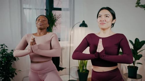 Duas amigas afro-americanas e asiáticas positivas fazendo ioga em pé na árvore namaste poses e