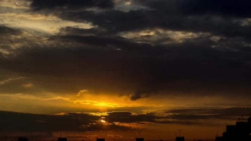 Sunrise Over City, Closeup on Modern Downtown Skyline Buildings Silhouettes. FHD Timelapse
