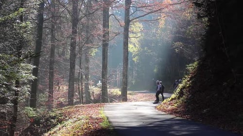 Un grupo de jóvenes montan sus monopatines de longboard cuesta abajo en un camino forestal en la niebla.