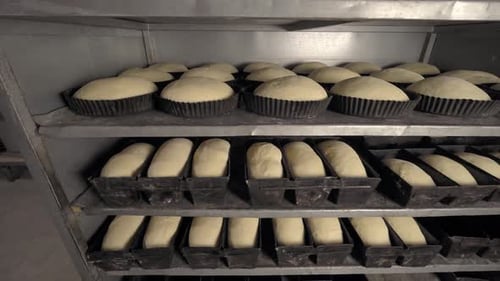 Jars for loaves of raw bread in bakery