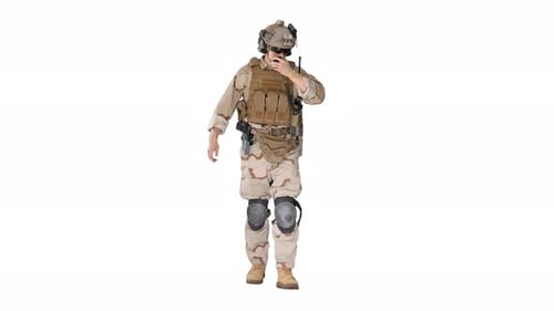 Ranger Walks Holds a Radio Station and Gives Orders on White Background