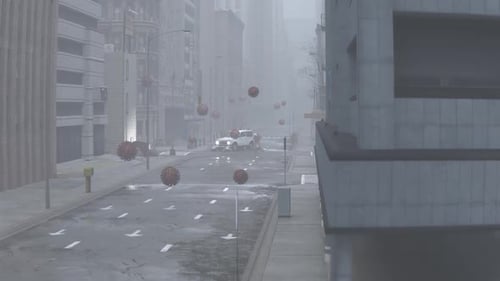 Ein Mann in einem Biohazard Suit tanzt in der Stadt mit einem fliegenden Coronavirus