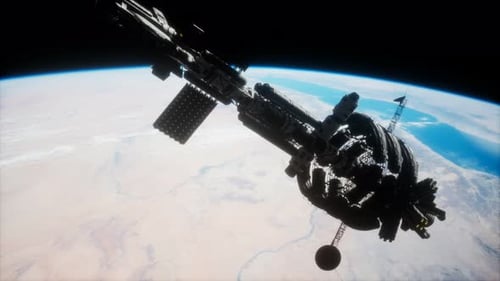 Futuristic Space Station with Solar Panels Orbiting Earth