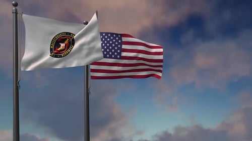 Waving Bridgewater Massachusetts and USA Flags