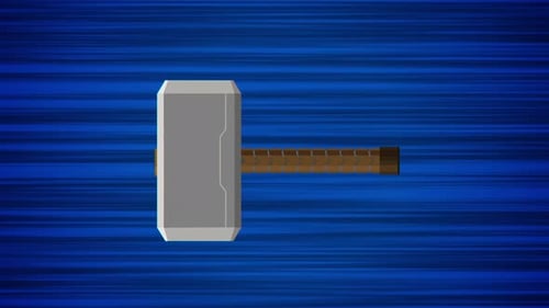 Flying hammer on blue background. Looped animation of throwing a hammer. Anime style moving mallet