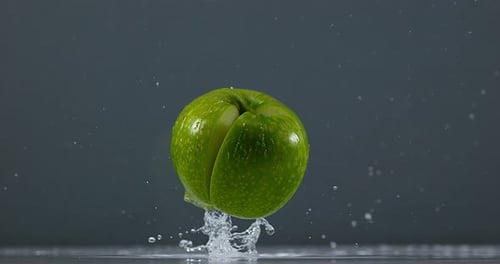 Granny Smith Apple, malus domestica, Fruit falling on Water against Black Background, Slow Motion 4K