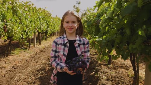 Cute Kid Girl with a Red Grape in Her Hand Looking at the Camera